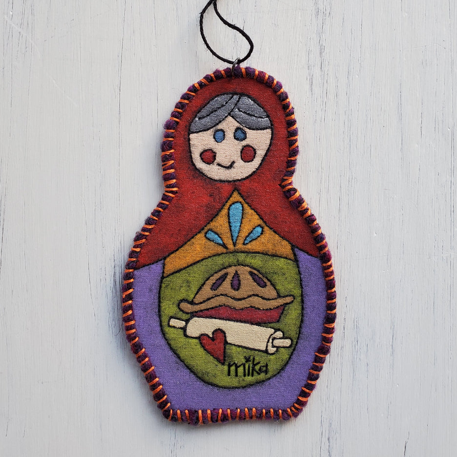 Orange Pie Baking Matryoshka Art Quilt Ornament