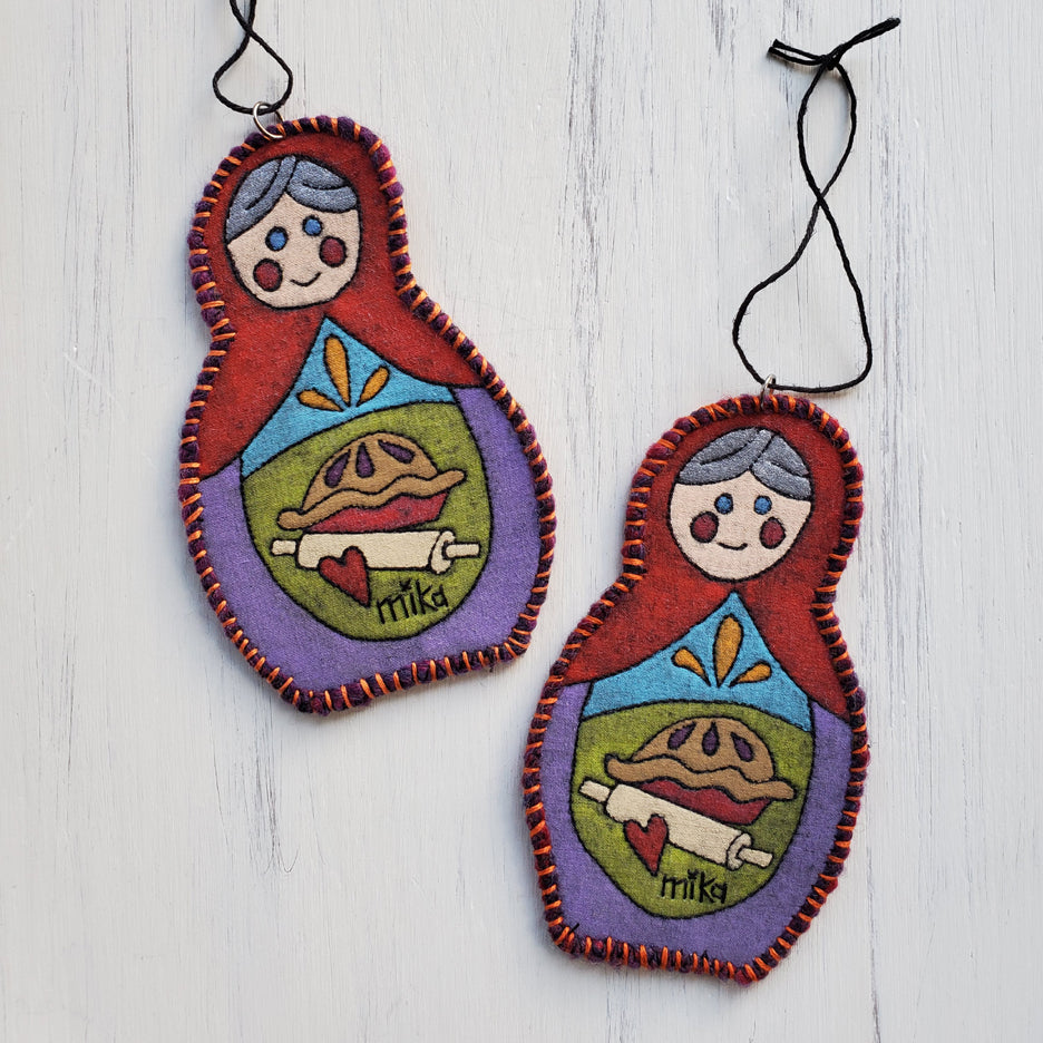 Turquoise Pie Baking Matryoshka Art Quilt Ornament