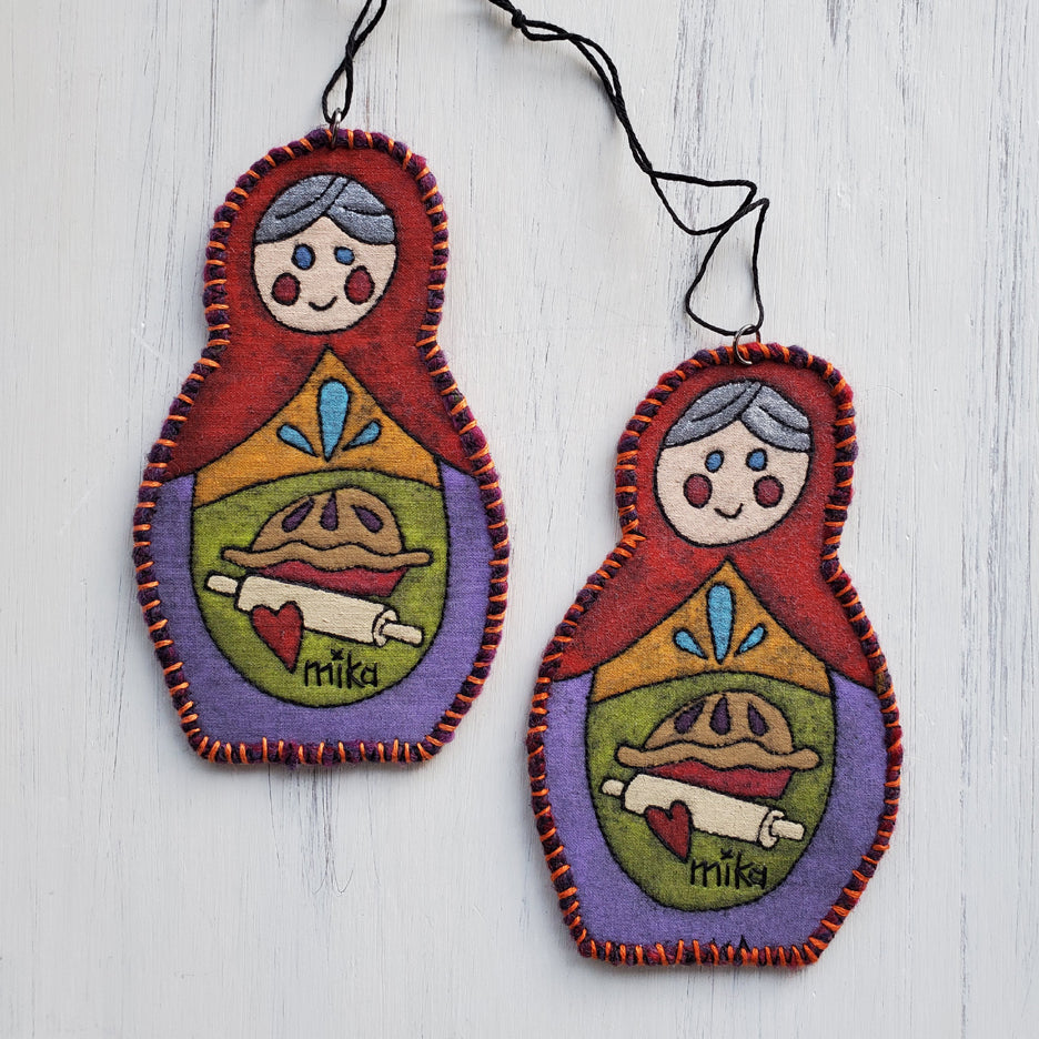 Orange Pie Baking Matryoshka Art Quilt Ornament