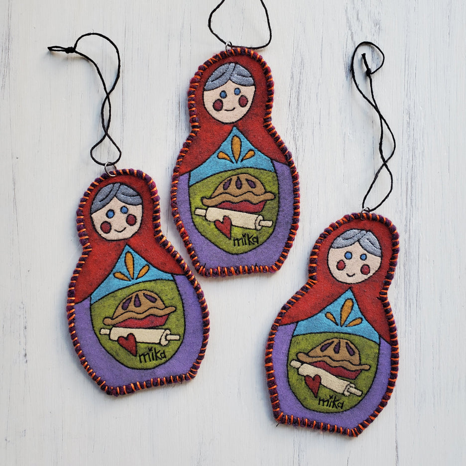 Turquoise Pie Baking Matryoshka Art Quilt Ornament