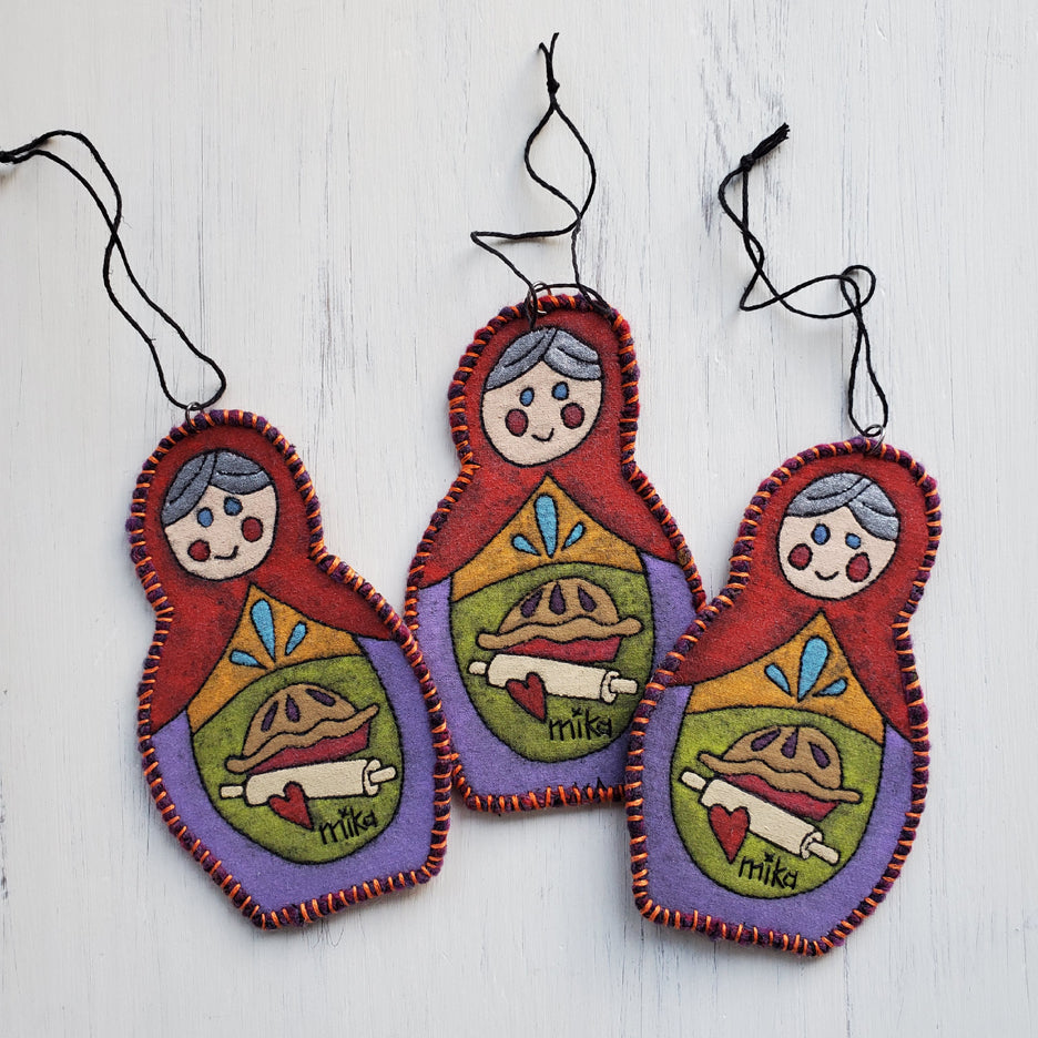 Orange Pie Baking Matryoshka Art Quilt Ornament