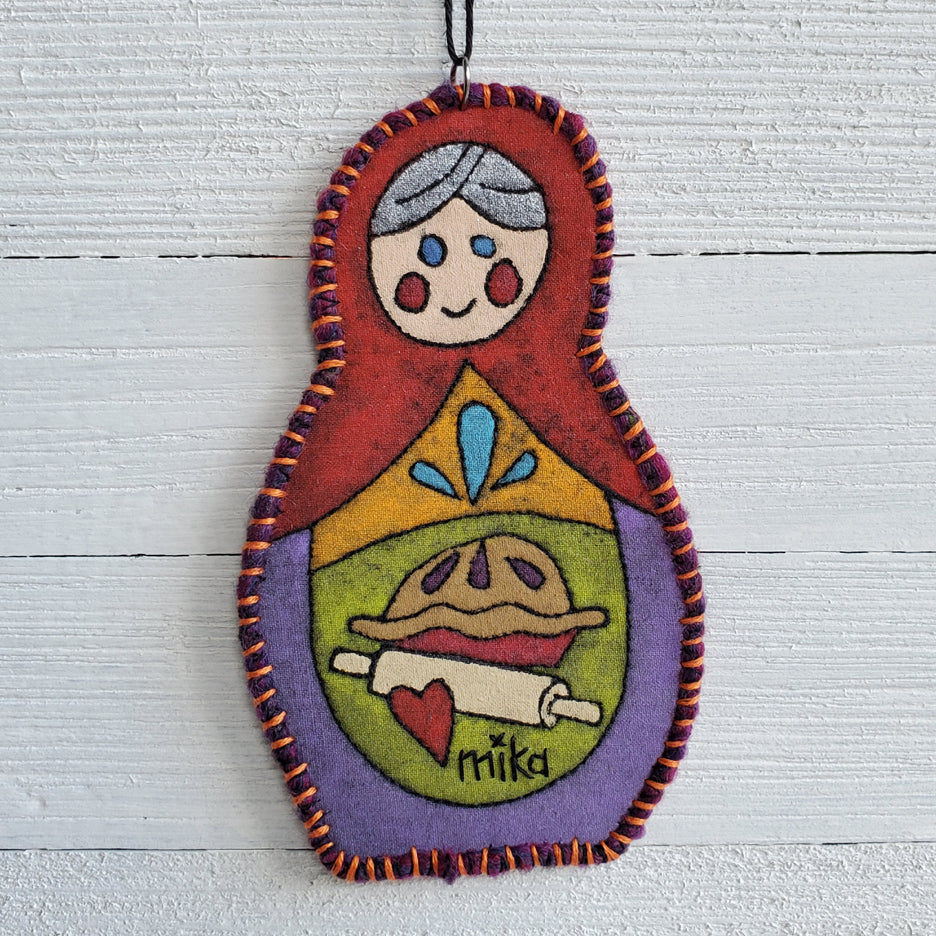 Orange Pie Baking Matryoshka Art Quilt Ornament