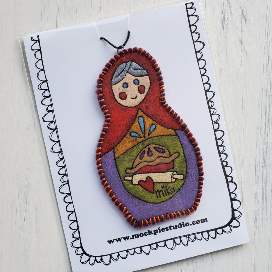 Orange Pie Baking Matryoshka Art Quilt Ornament