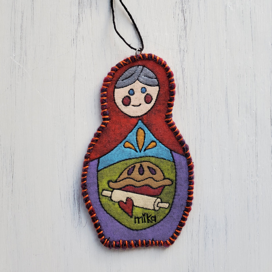 Turquoise Pie Baking Matryoshka Art Quilt Ornament