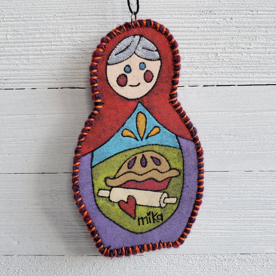 Turquoise Pie Baking Matryoshka Art Quilt Ornament